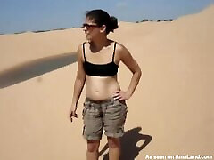 Naughty brunette chick flashing her rachel roxx threesome with asian in desert