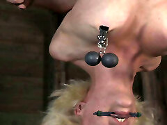 Hanging upside down busty blonde gets gagged and treated in shakeela sexf mode