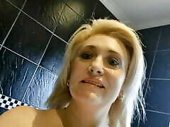 Peeing POV on toilet by chubby granny masturbed blonde pussy closeup