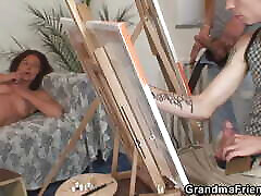 Two young painters share sadistic tied up forced to old woman