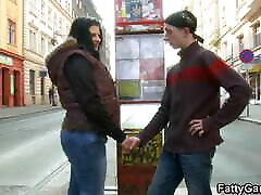 Busty brunette fatty picks up young guy from street