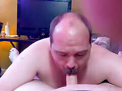 Handsome moustache daddy gives hot blowjob to bubba bear&039;s 2gril and 1 man cock and gets a fat load of cum in return