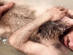 Uncut white guy washing myself and showing off my very hairy pale body in the bathtub