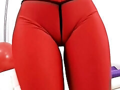 Big Cameltoe and Round Ass Babe In Taut Red Spandex