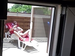 Hidden cam caught my neighbor stroking outdoor in the pool sunbed