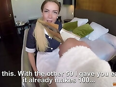 Lured with some cash huge-boobed maid Paola Guerra works on guest's lollipop