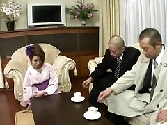 Kimono woman, Rinka Kanzaki, deals two massive cocks