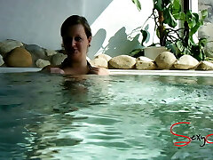 Cougar gives blowjob in a public spa