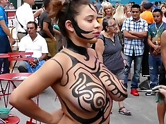 Big tits lady public body painting