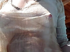 Nippleringlover Horny Milf See Through Wet Tee-shirt In Pool Padlocks In Extreme Pierced Nipples