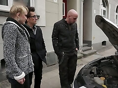 Titless employee Conny Dachs gets fucked by two lewd dudes