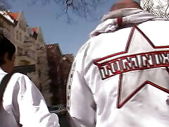 Stockings dressed in brunette honey from Germany gets pleased by two rods