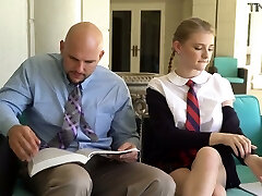 Petite schoolgirl in short kilt skirt Melody Marks hooks up with bald headed teacher