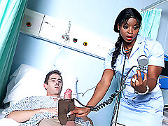 Sexy and saucy ebony nurse is taken care of her patient's big man meat.