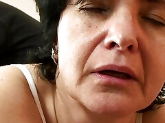 Old couple toying hairy pussy before dual fucking