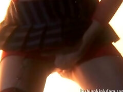Stockinged girl-girl hottie vibrating wet pussy