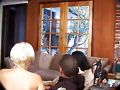 Orgy play with 2 sexy females and hiden park sex cocks on the sofa