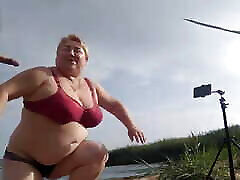 Mother-in-law sucks my dick on the beach and gets nina lawless flex in her mouth