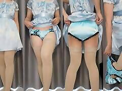 Sissykanisa nice piercing cutie and Match: Beige Stocking X Blue Satin Panties X Blue Satin Dress