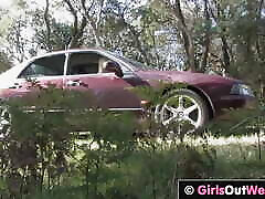 Hot small titted blonde gets fucked hard on the car