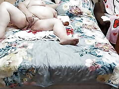 Mother-in-law masturbates big creamy pussy with a toy
