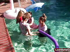 Four girls are enjoying stripping in hd ful story sex beautyfulgirl swimming pool, with one lucky guy joining them