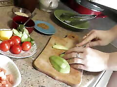 Milf sexy Platinum continues naked cooking in kitchen preparing salad for Christmas without panties high heels. Naked in public