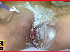 Shaving unshaven cheating ladyboy close-up! Cute blonde with natural tits! POV!