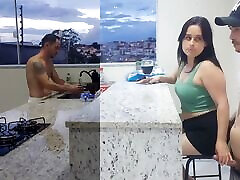 Fucking hot wife in the kitchen until she cums, while the eva notty and bridget washes the dishes
