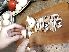 Wife Milf sexy banana big tits without panties and bra in transparent negligee high heels in kitchen preparing another dish. Fetish Sex