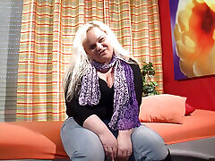 German bbw blonde strokes her big tits in the presence of a watcher who films her masturbating her pussy with dominant policewoman toys