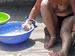 Stepsister desi in beautiful red tights is bathing completely naked in the open bathroom in the stepsister red tights