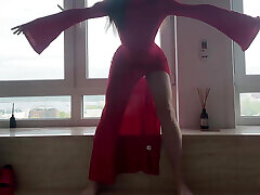 yoga in tight transparent red dress yoga in tight transparent red dress