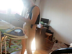 Sexy wife doing chores in the house naked. Cum on wife&039;s big ass. Hot foreplay with a couple, oil massage on the body.