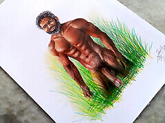 Erotic Art Or Drawing of A Muscular Indian Desi Man exhibition his Big Black Cock outdoors among the Grasses