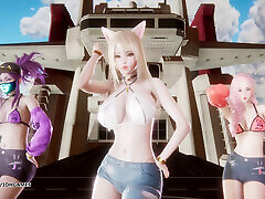 MMD Unis - Curious Ahri Akali Seraphine Hot Kpop Dance League of Legends Uncensored Hentai