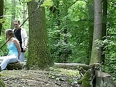 Wild hot dad twink son session in the forest with svelte brunette babe Claudie