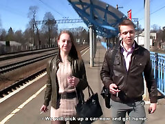 Russian brunette cutie seduces a man in the electric train