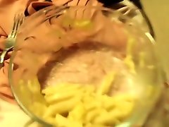 topless spyied on eats pasta