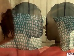 Ebony babe fucks room mate with dildo