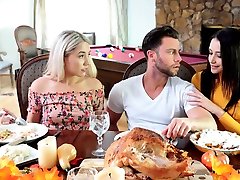 Stepsister teens both want his cock for Thanksgiving