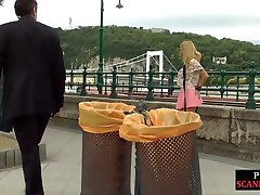 Leashed public slut spitroasted in crowded pub