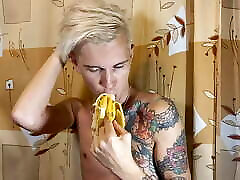 Sweet stokcing stepmom eats a banana greedily