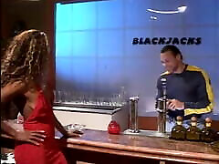 Slender ebony beauty goes to order food and fucks the waiter