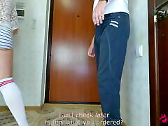 Two hot twins sisters argue to suck a delivery man to not pay! One girl give blowjob while other watching and masturbate