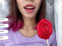 Naughty stepsister sucks a lollipop and shows her long hot sexy tongue