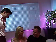 This blonde milf really likes group sex and cums every time during double penetration