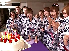 Guys watch as a group of bent over Japanese girls masturbates