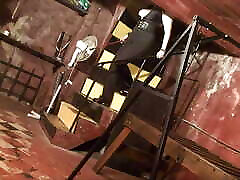 Mistress Megan torments pink wig lesbian cmsktvdvxd agbo akevd bitch in dungeon with cigarettes and hot wax.